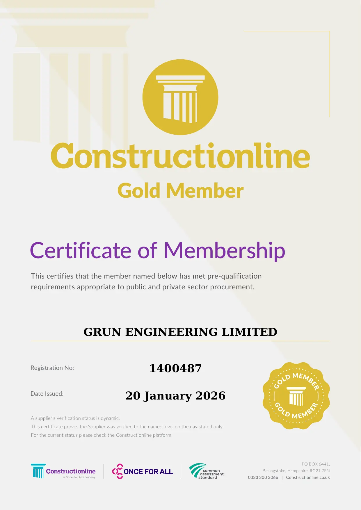 Constructionline Gold certificate of membership for Grün Engineering Limited, registration number 1400487, issued 20 January 2026