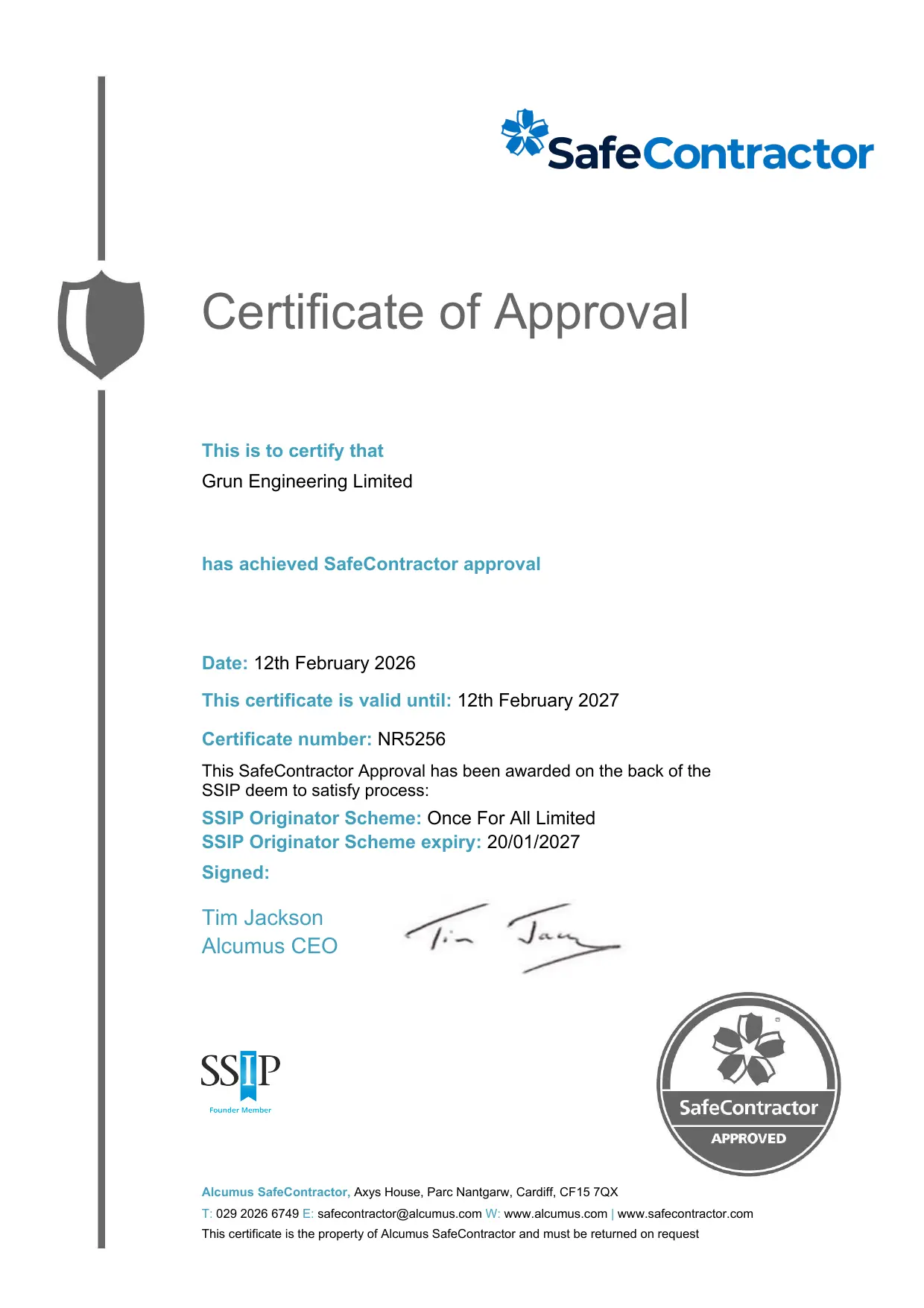SafeContractor certificate of approval for Grün Engineering Limited, certificate number NR5256, valid until 12 February 2027