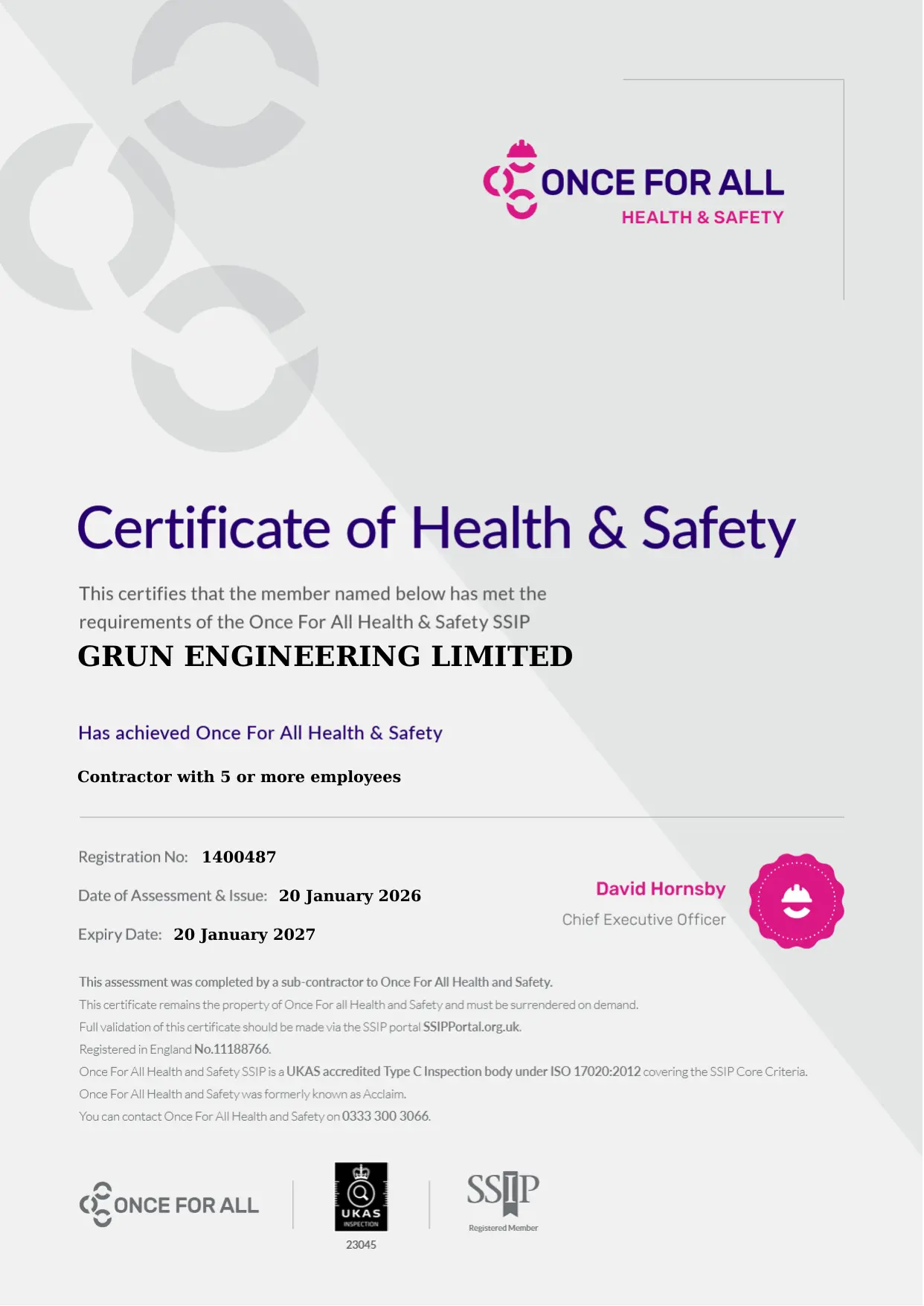 Once For All Health and Safety SSIP certificate for Grün Engineering Limited, registration number 1400487, valid until 20 January 2027